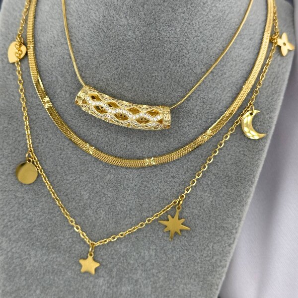 "Crescent And Star" Necklace, 18K Gold Plated Steel