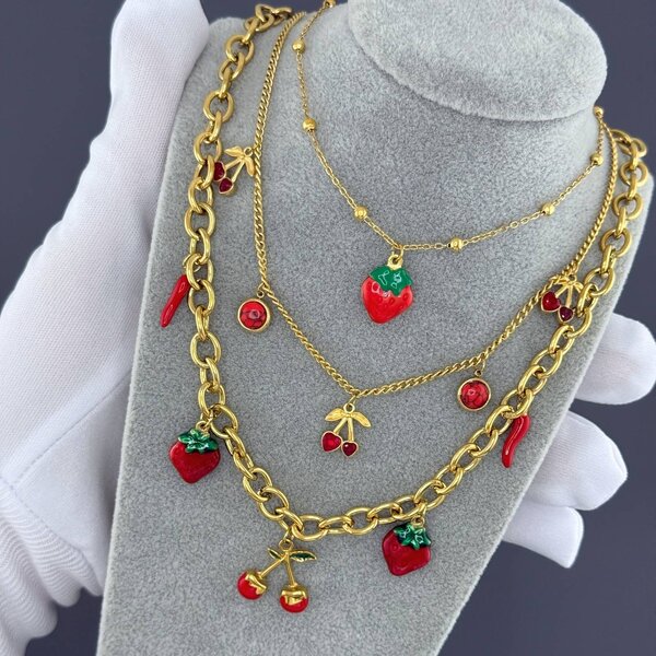 "Strawberry" Necklace, 18K Gold Plated Steel