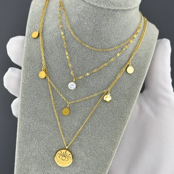 "Evil Eye" Necklace, 18K Gold Plated Steel