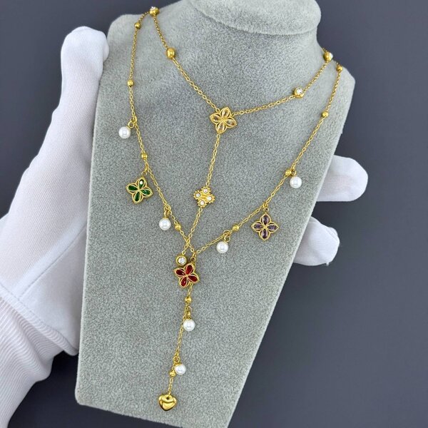 "Flowers" Necklace, 18K Gold Plated Steel