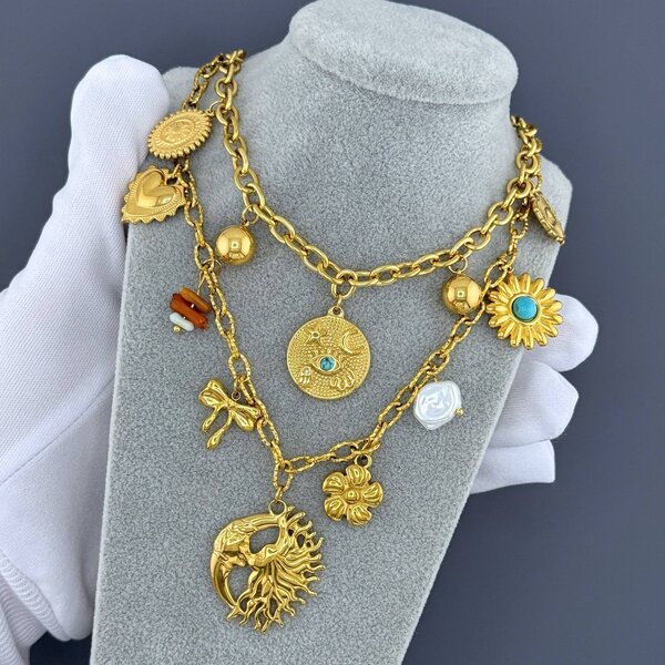 "Sun And Moon" Necklace, 18K Gold Plated Steel