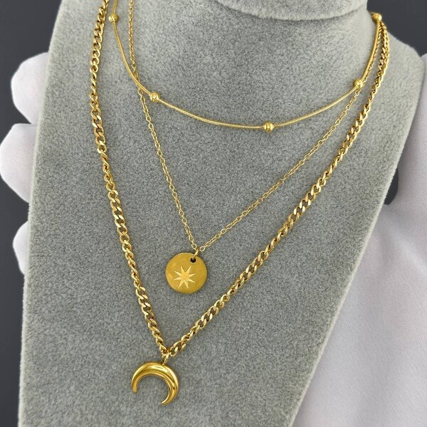 "Crescent And Star" Necklace, 18K Gold Plated Steel