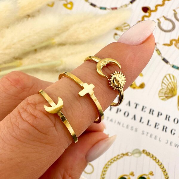 "Sun and Moon" Ring, 18K Gold Plated Steel