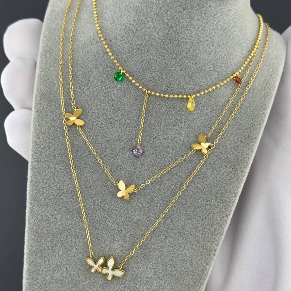 "Butterflies" Necklace, 18K Gold Plated Steel