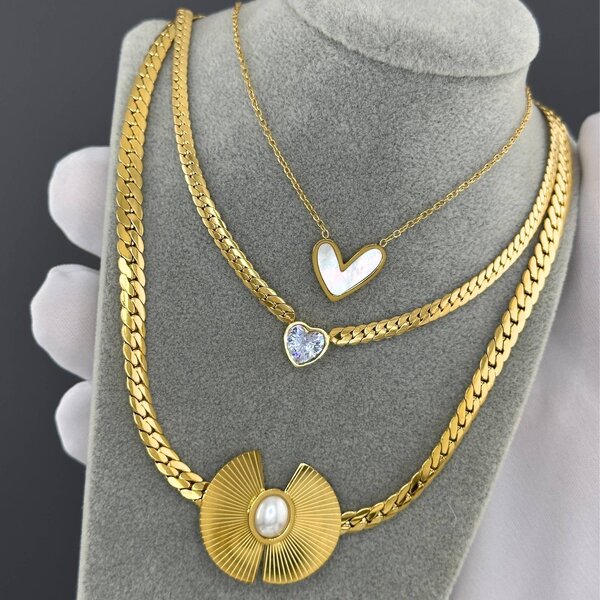 "Hearts" Necklace, 18K Gold Plated Steel