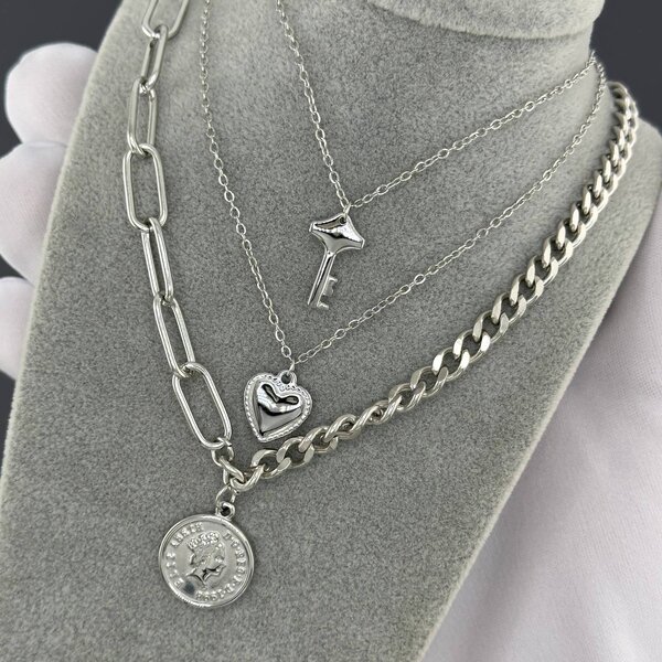 "Heart and Key" Necklace, Stainless Steel