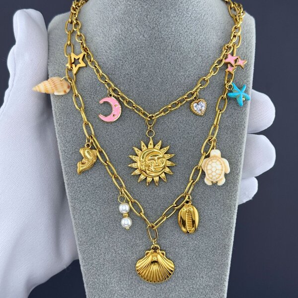 "Crescent And Sun" Necklace, 18K Gold Plated Steel