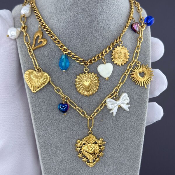 "Hearts" Necklace, 18K Gold Plated Steel