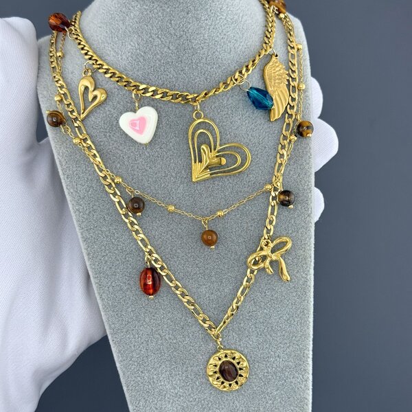 "Hearts" Necklace, 18K Gold Plated Steel