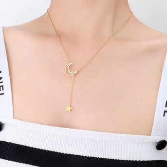 18K gold plated Stainless steel  "Moon and star" necklace, Intensity