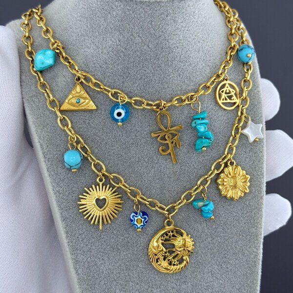 "Crescent And Sun" Necklace, 18K Gold Plated Steel