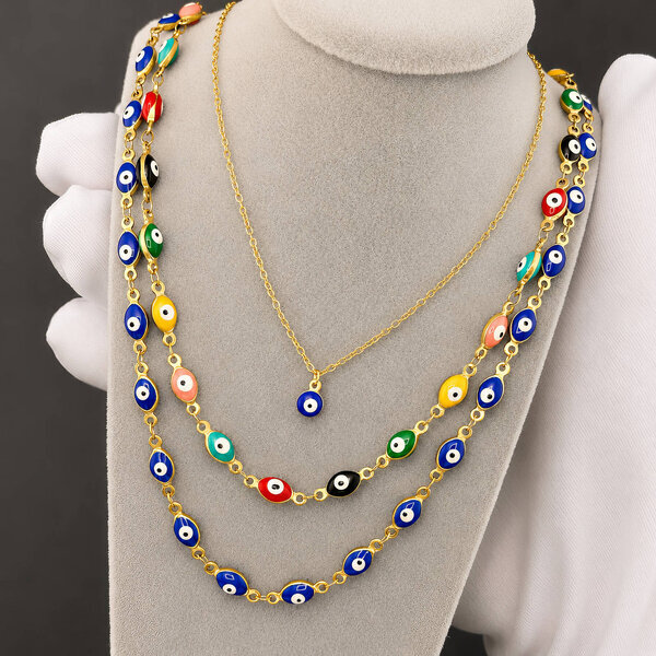"Evil Eye" Necklace, 18K Gold Plated Steel