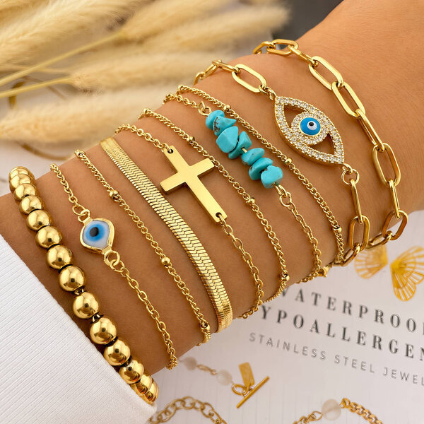 "Evil Eye" Bracelet, 18K Gold Plated Steel