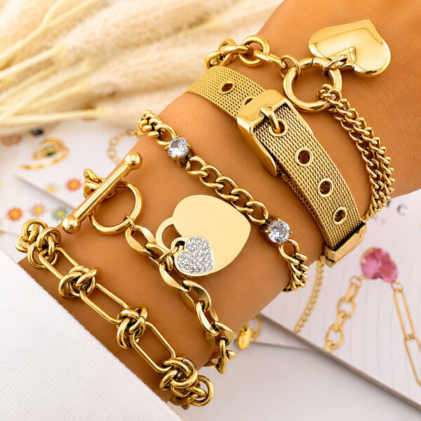 "Hearts" Bracelet, 18K Gold Plated Steel