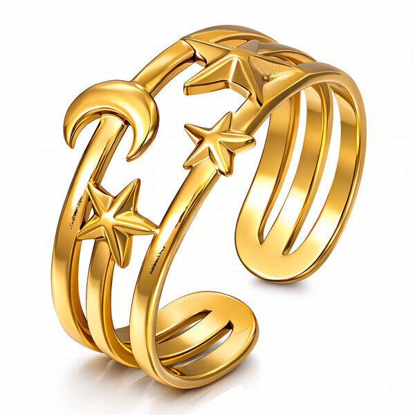 "Crescent And Star" Ring, 18K Gold Plated Steel