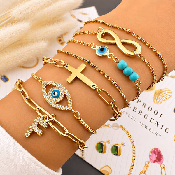 "Evil Eye" Bracelet, 18K Gold Plated Steel
