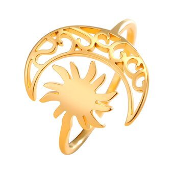 18K gold plated Stainless steel  "Crescent and Sun" finger ring, Intensity