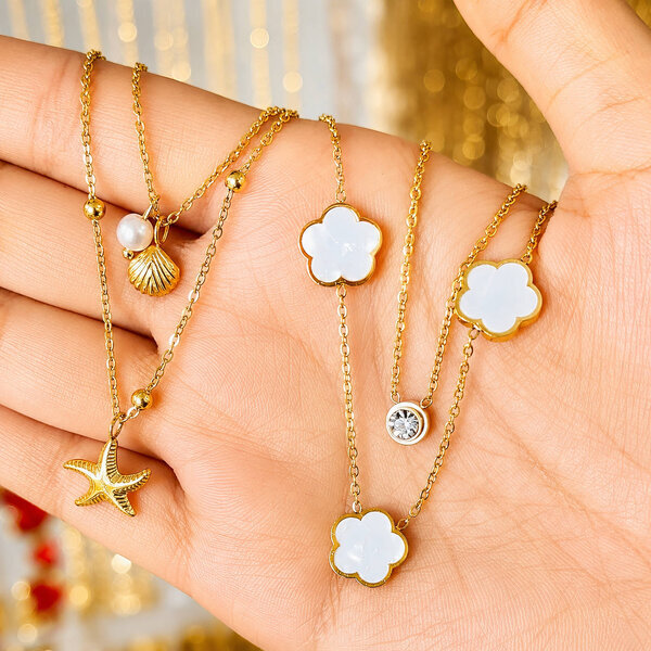 "Starfish And Seashell" Necklace, 18K Gold Plated Steel