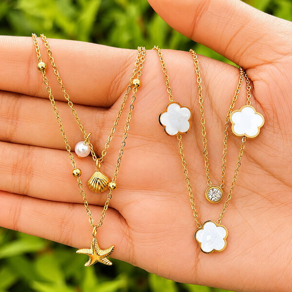 "Starfish And Seashell" Necklace, 18K Gold Plated Steel