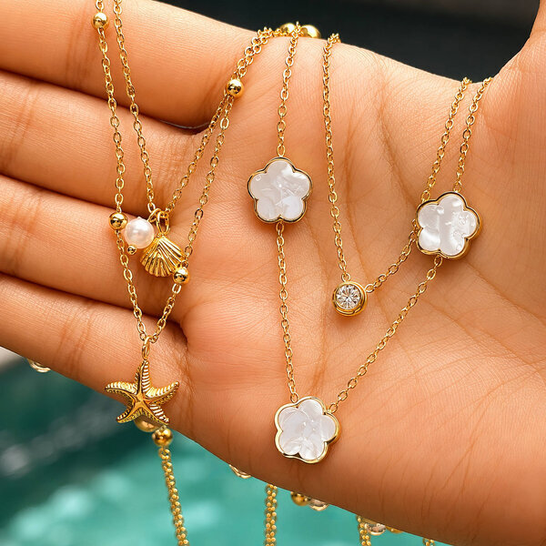 "Starfish And Seashell" Necklace, 18K Gold Plated Steel