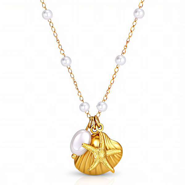 "Starfish And Seashell" Necklace, 18K Gold Plated Steel