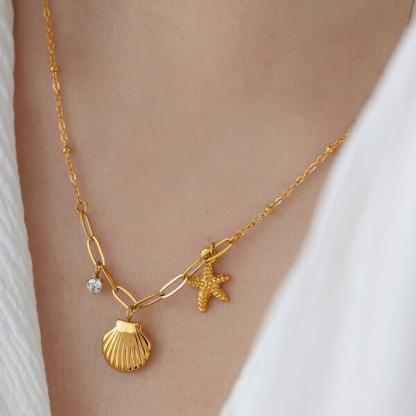 "Starfish and Seashell" Necklace, 18K Gold Plated Steel