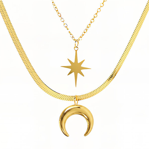 "Crescent And Star" Necklace, 18K Gold Plated Steel