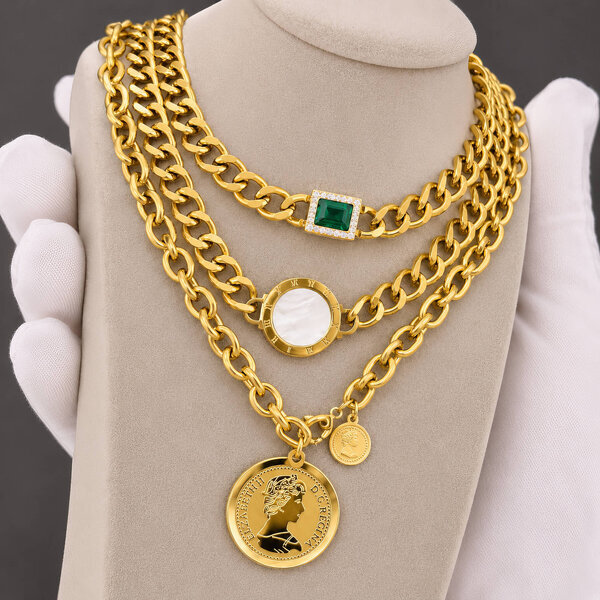"Coin" Necklace, 18K Gold Plated Steel