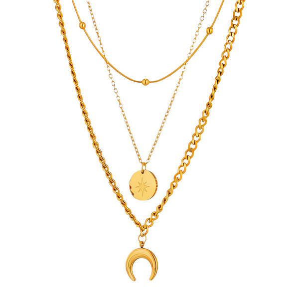 "Crescent And Star" Necklace, 18K Gold Plated Steel