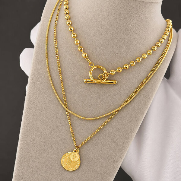 "Coin" Necklace, 18K Gold Plated Steel