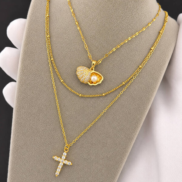 "Crosses" Necklace, 18K Gold Plated Steel