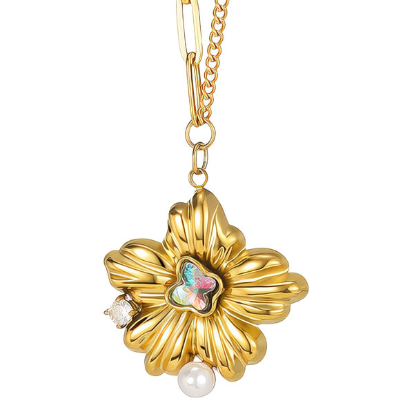 "Flower" Necklace, 18K Gold Plated Steel