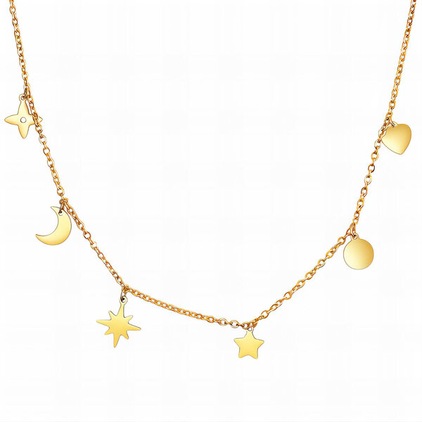"Crescent And Star" Necklace, 18K Gold Plated Steel