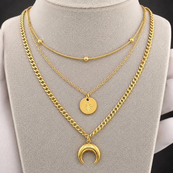 " Crescent And Star" Necklace, 18K Gold Plated Steel