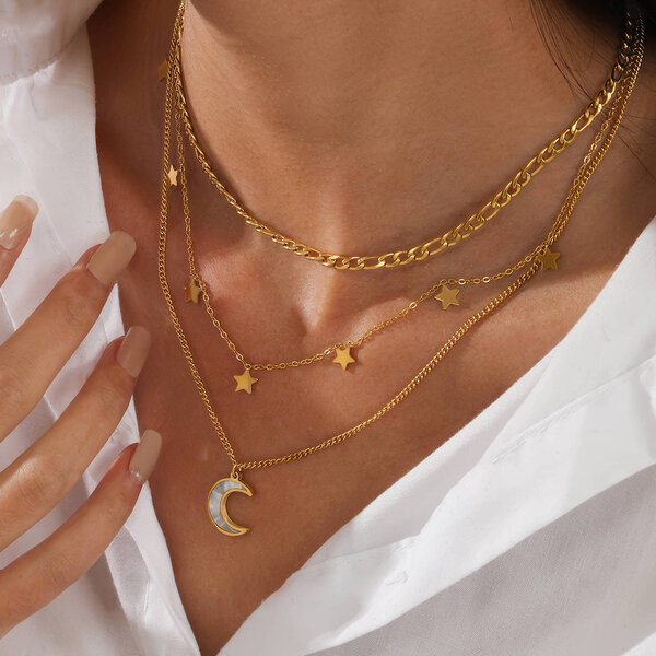 "Crescent And Star" Necklace, 18K Gold Plated Steel