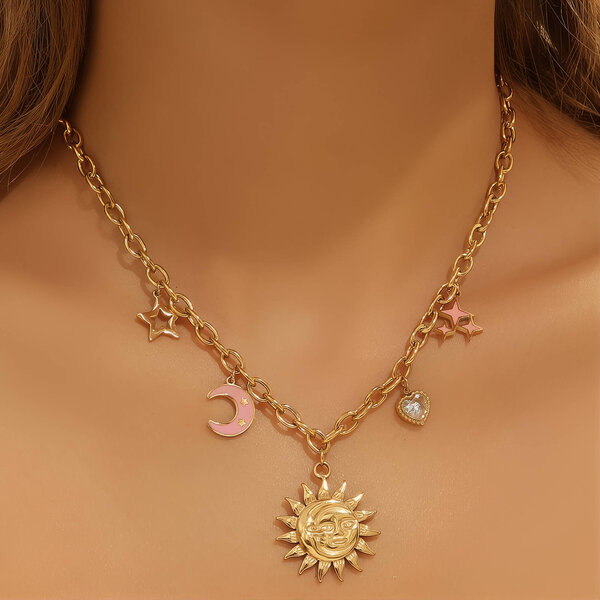 "Crescent And Sun" Necklace, 18K Gold Plated Steel