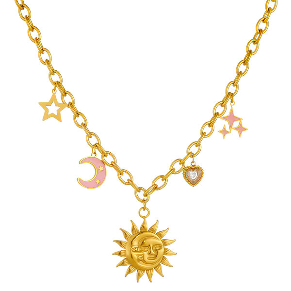 "Crescent And Sun" Necklace, 18K Gold Plated Steel