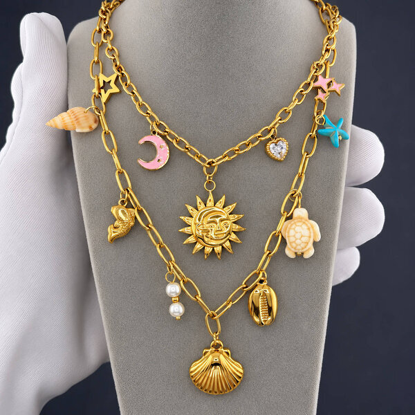 "Crescent And Sun" Necklace, 18K Gold Plated Steel