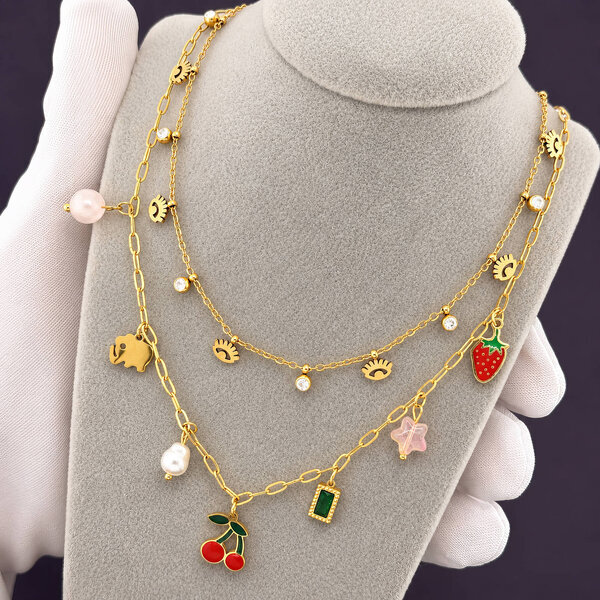 "Evil Eyes" Necklace, 18K Gold Plated Steel