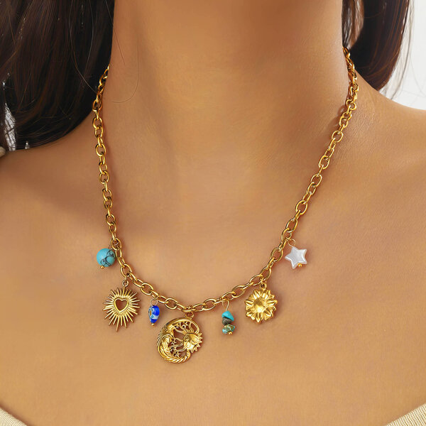 "Crescent And Sun" Necklace, 18K Gold Plated Steel