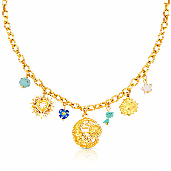 "Crescent And Sun" Necklace, 18K Gold Plated Steel