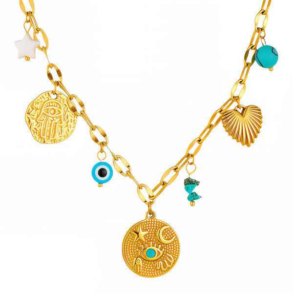 "Evil Eye" Necklace, 18K Gold Plated Steel