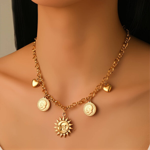 "Sun" Necklace, 18K Gold Plated Steel