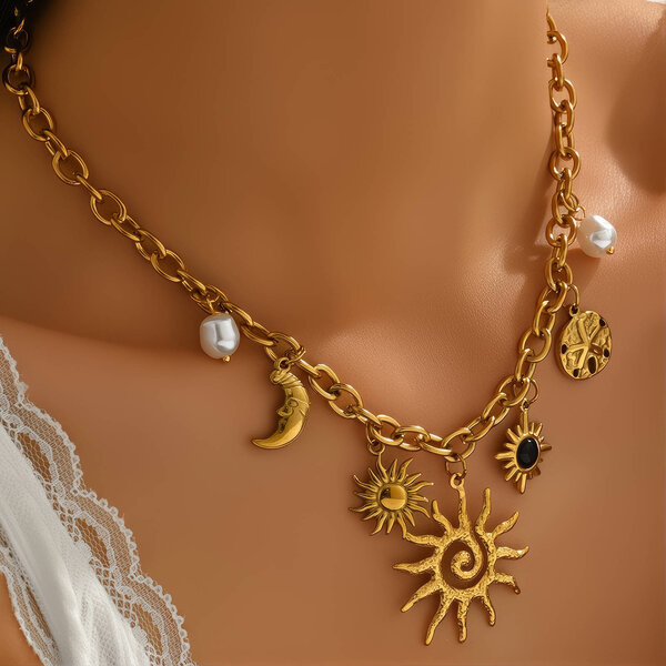 "Crescent And Sun" Necklace, 18K Gold Plated Steel