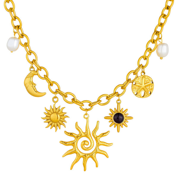 "Crescent And Sun" Necklace, 18K Gold Plated Steel