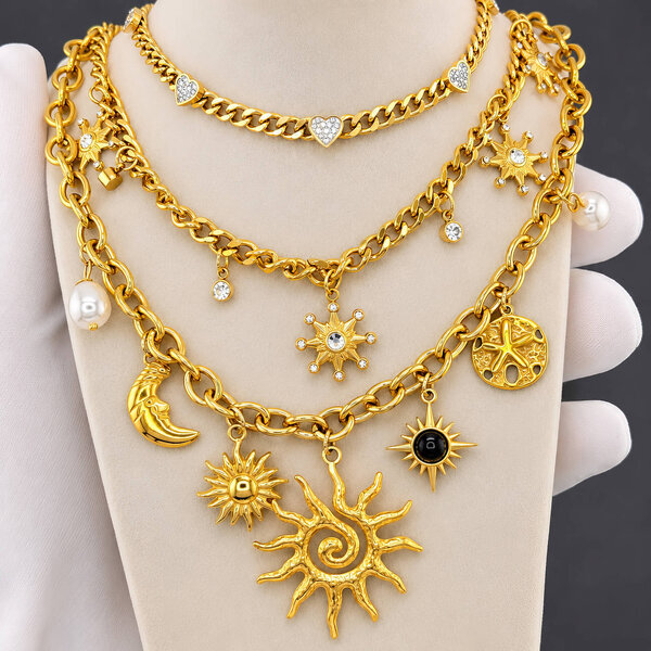 "Crescent And Sun" Necklace, 18K Gold Plated Steel