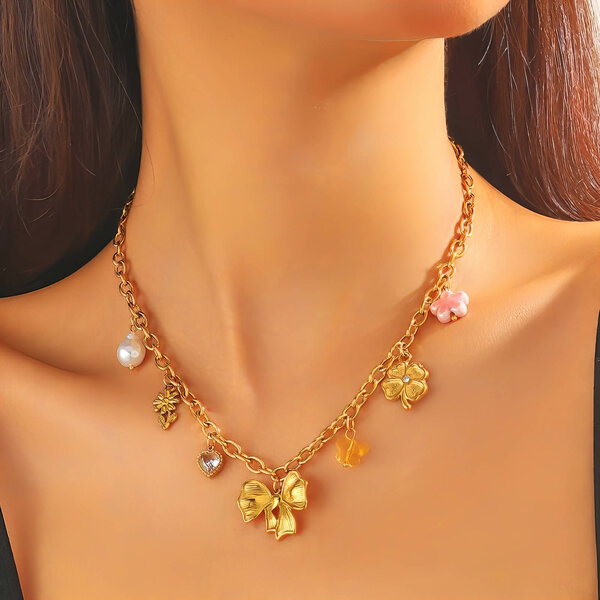 "Bow" Necklace, 18K Gold Plated Steel