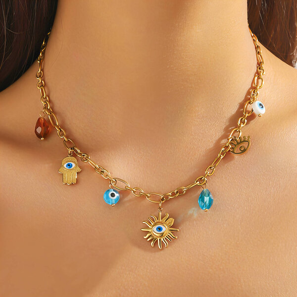 "Evil Eyes" Necklace, 18K Gold Plated Steel