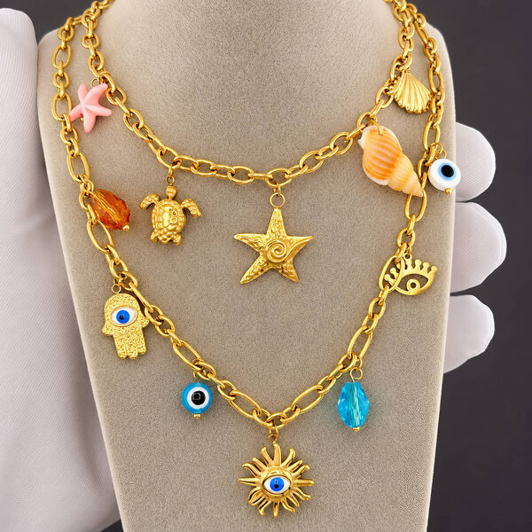 "Evil Eyes" Necklace, 18K Gold Plated Steel
