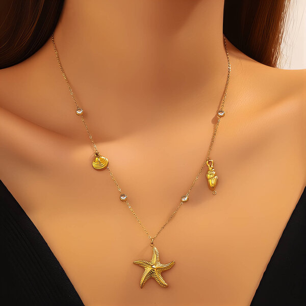 "Starfish And Seashell" Necklace, 18K Gold Plated Steel